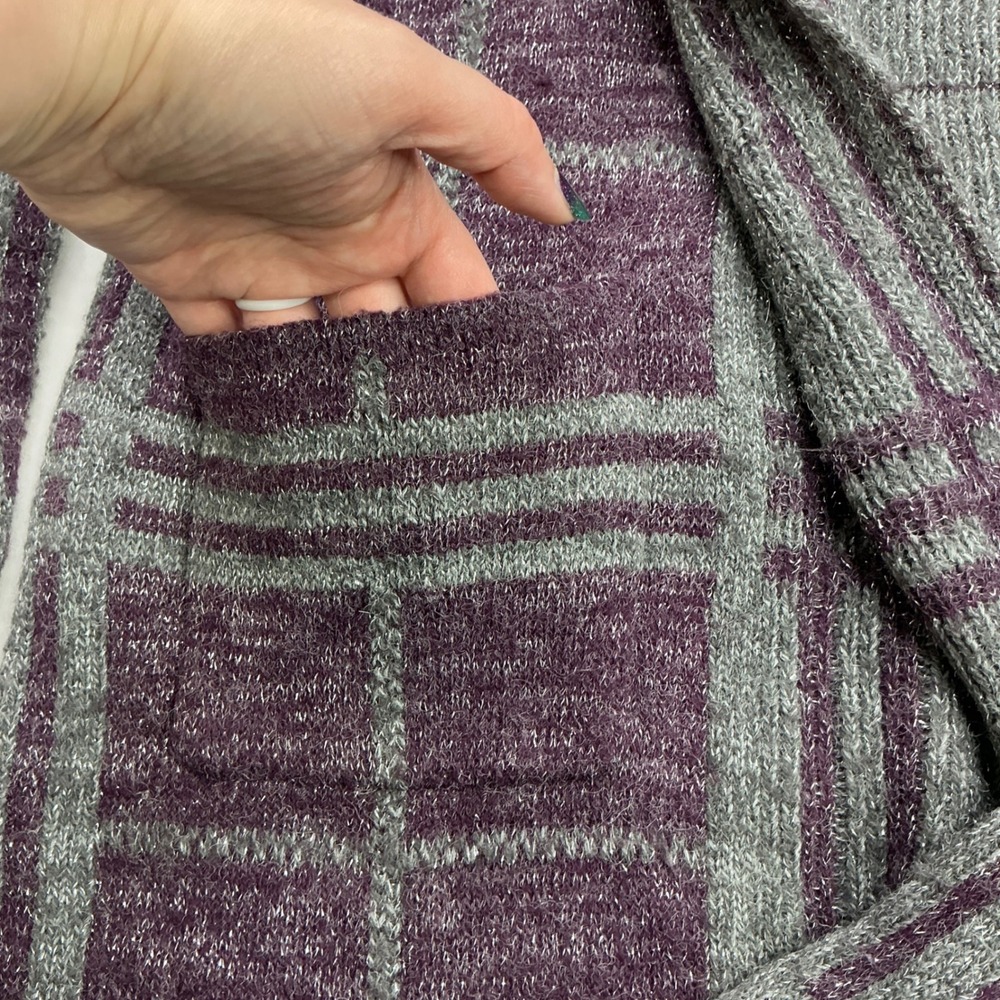 Simply Styled Purple Plaid Cardigan Women Small Metallic Open Front Knit Sweater - Picture 16 of 16